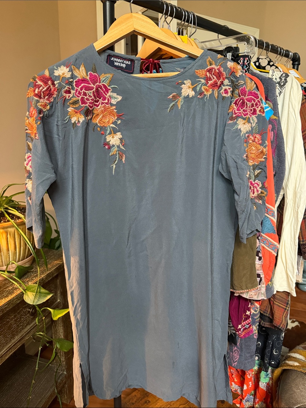 Johnny Was Gray Shift Dress with Pink and Orange Floral Embroidery